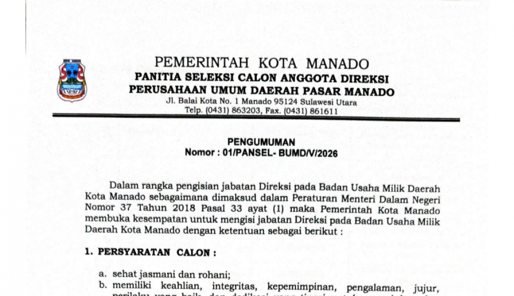 Pengumuman Seleksi Direksi Calon Anggota Direksi Perusahan Umum Daerah Pasar Manado Tahun 2026
