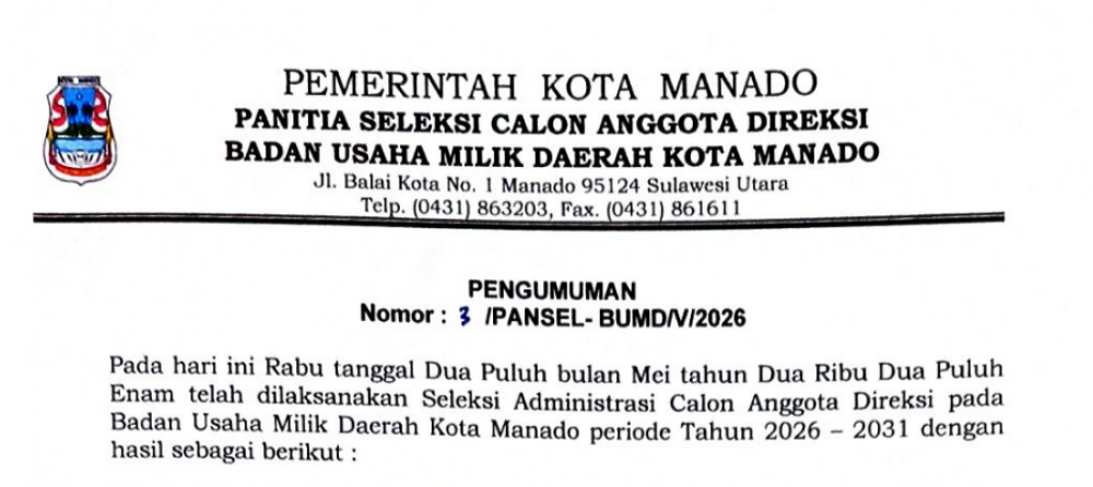 Pengumuman Hasil Seleksi Administrasi Calon Anggota Direksi Perusahan Umum Daerah Pasar Manado